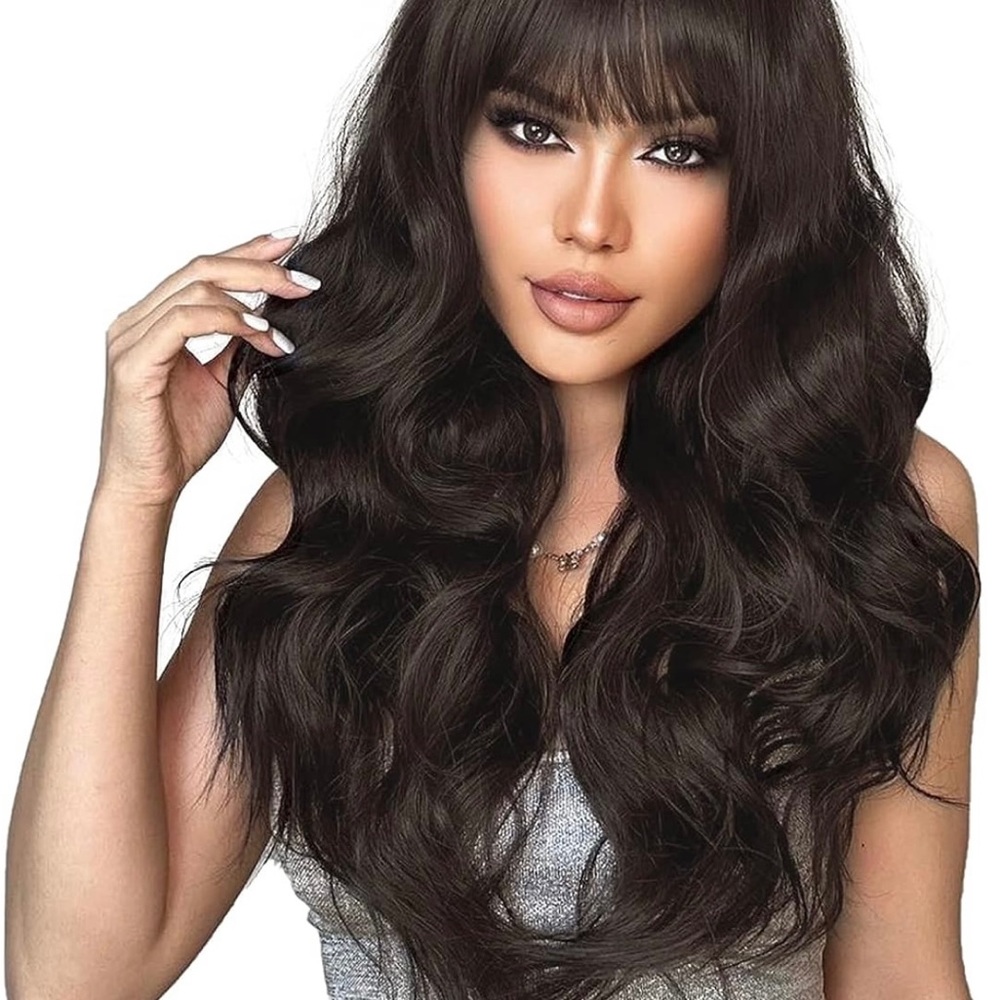 Human hair blend  brunette brown wig with bang.